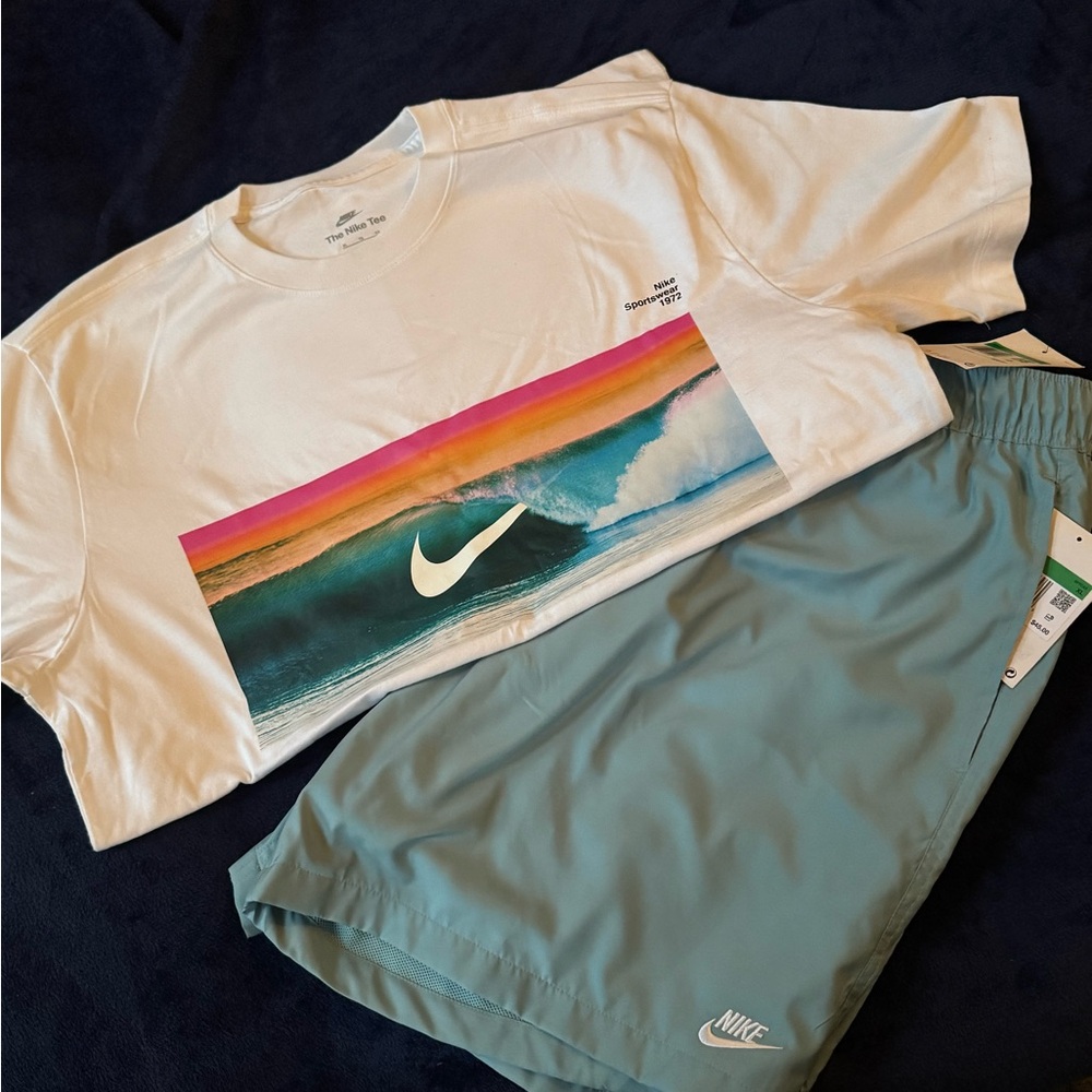 Nike White Tee with Ocean Graphic and Teal Shorts